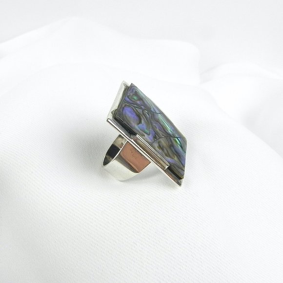 Silver Abalone Ring | 925 Silver Large Chunky Rectangular Accent Ring - Picture 7 of 11